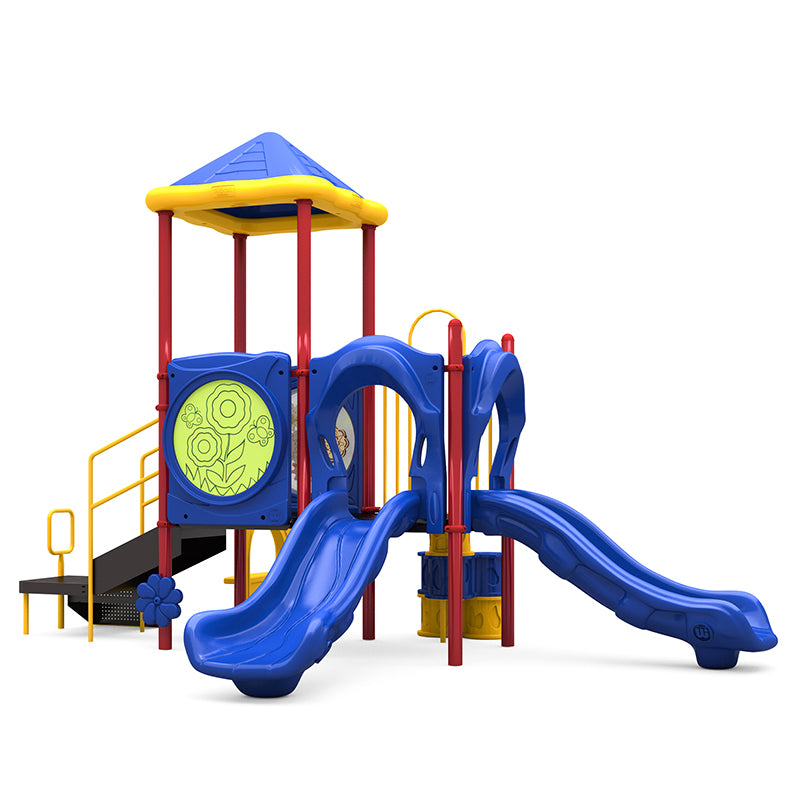 Colorful children's playground structure with two blue slides, red posts, yellow railings, and a pyramid roof