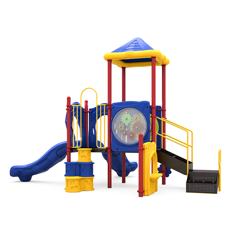 Colorful playground structure with two straight slides, ADA transfer station, stairs, interactive gear panel, and blue-yellow roof