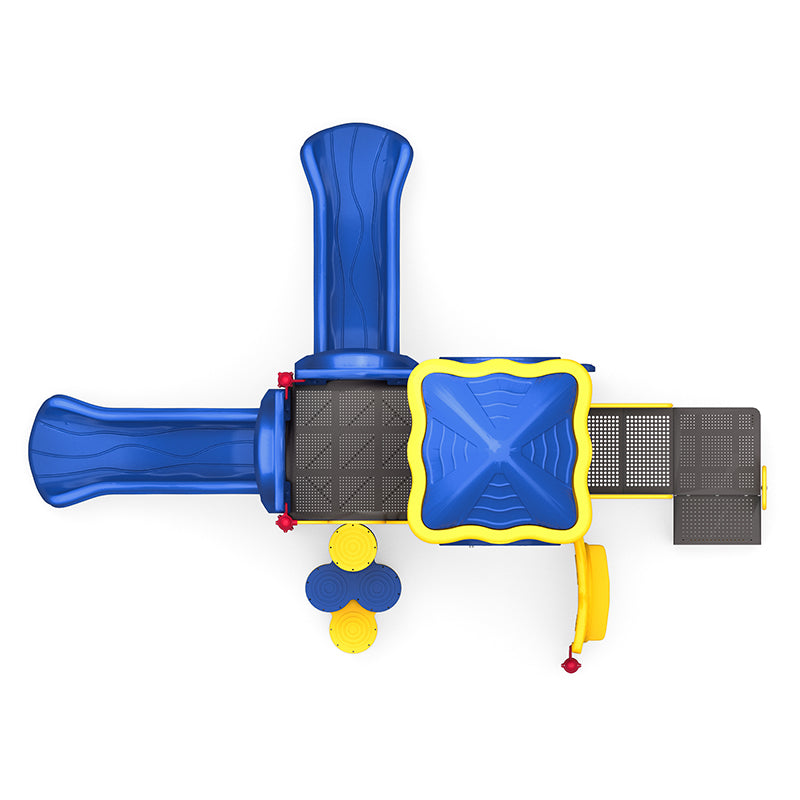 Overhead view of blue and yellow playground structure with two straight slides, climbing trunk, and activity panels