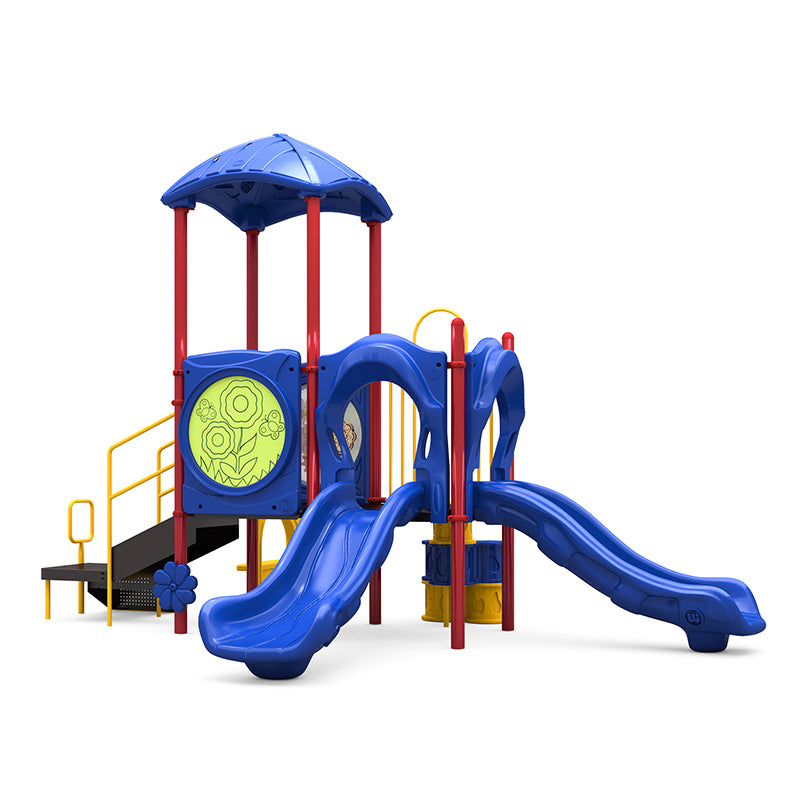 Colorful playground structure with two blue straight slides, red posts, yellow railings, ADA transfer station, and interactive panels.