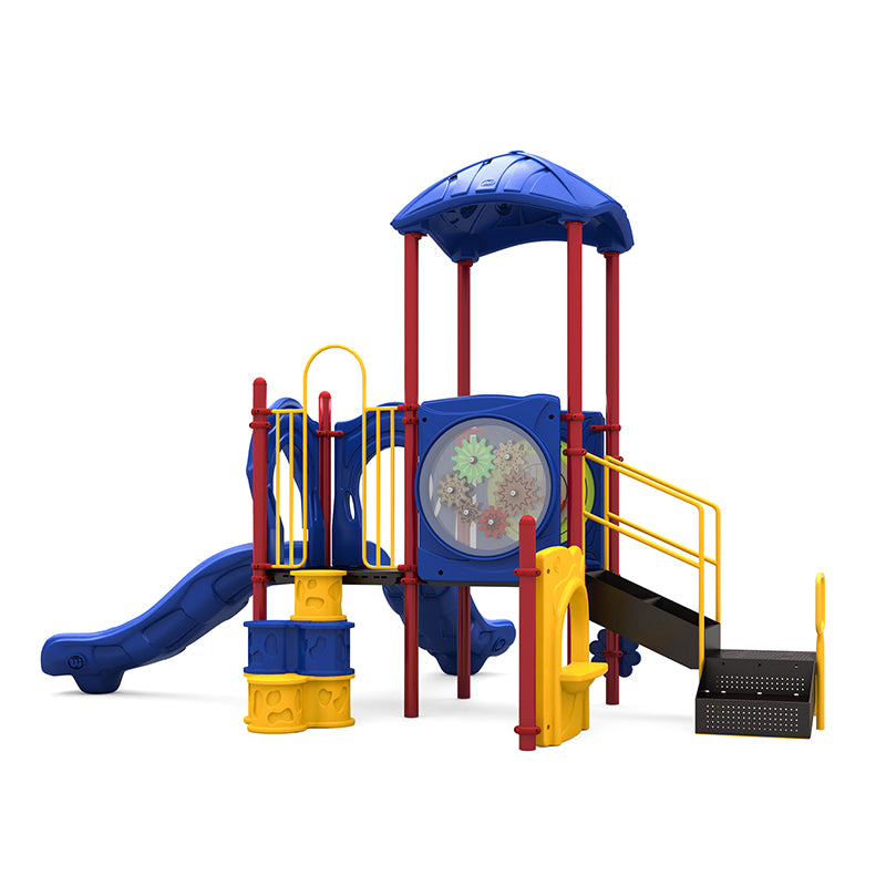 Colorful children's playground with blue leaf-shaped roof, two straight slides, yellow-railed stairs, gear panel, and rain wheel