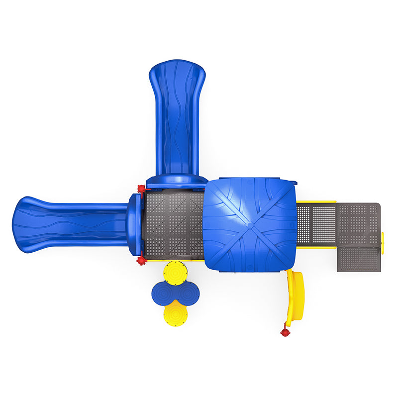 Overhead view of a colorful playground structure with two blue slides, accessible stairs, blue roof, and interactive play panels