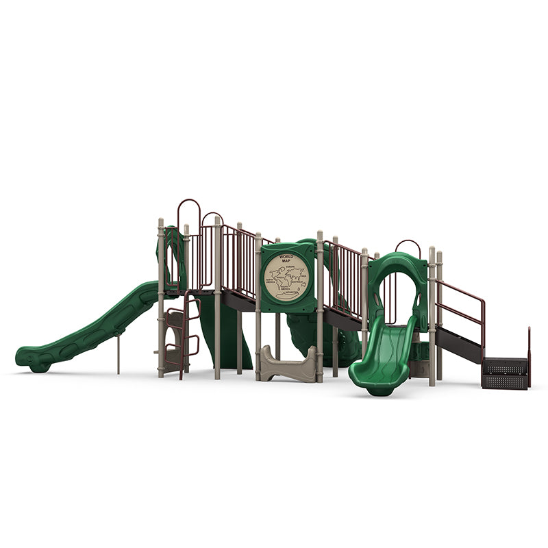 Outdoor playground with multiple green slides, climbing elements, educational world map panel, and interactive play features.