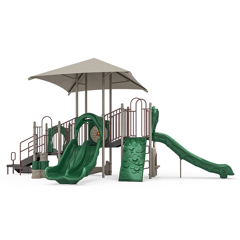Neutral-toned playground with double and single slides, rock climber, canopy shade, and educational panels including a world map and counting counter.