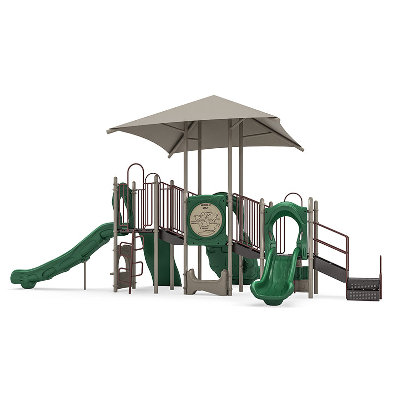 Outdoor playground with multiple green slides, climbing elements, shaded canopy, educational world map and counting panels.