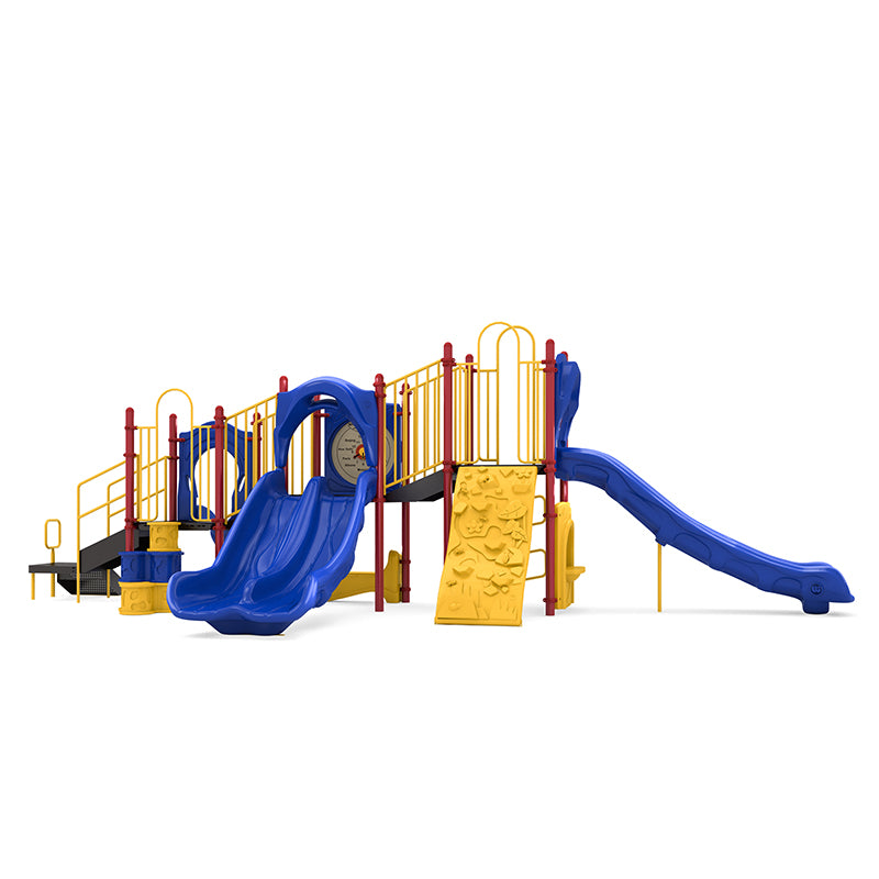 Colorful playground structure with double and single slides, climbing walls, interactive panels, and a rain wheel for active play.