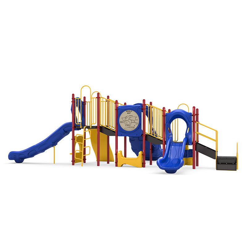 Colorful playground structure with double and single slides, climbing elements, world map and interactive panels, and a rain wheel.