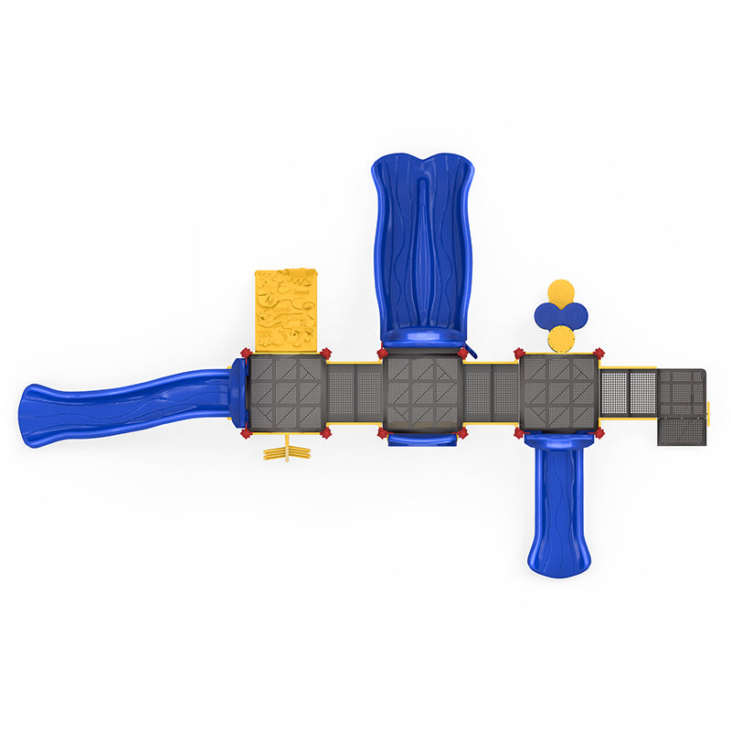 Overhead view of playground with multiple blue slides, yellow climbing panels, connecting platforms, and interactive play features