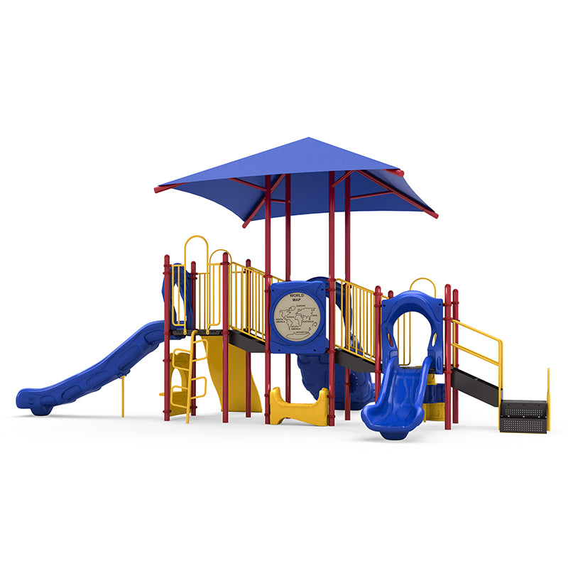 Colorful playground with blue double and single slides, yellow railings, climbing elements, and an educational world map panel under a blue canopy