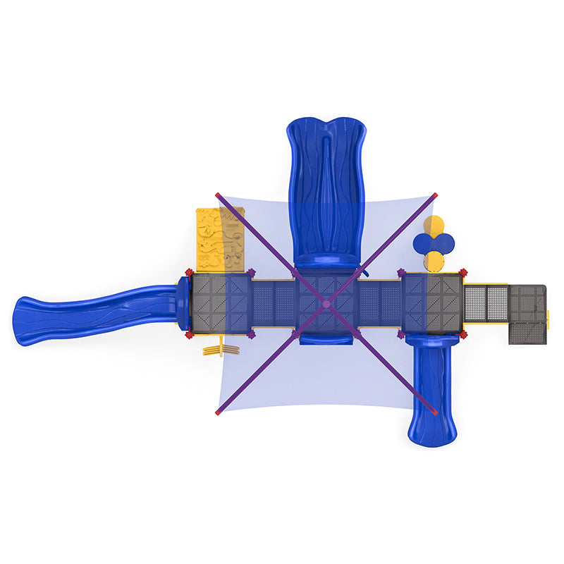 Overhead view of blue and yellow playground with multiple slides, climbing panels, world map and interactive play features