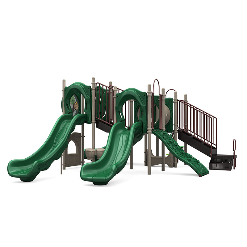 Timber Tracks Playground with double and single green slides, rock climber, crawl tunnel, and interactive play panels