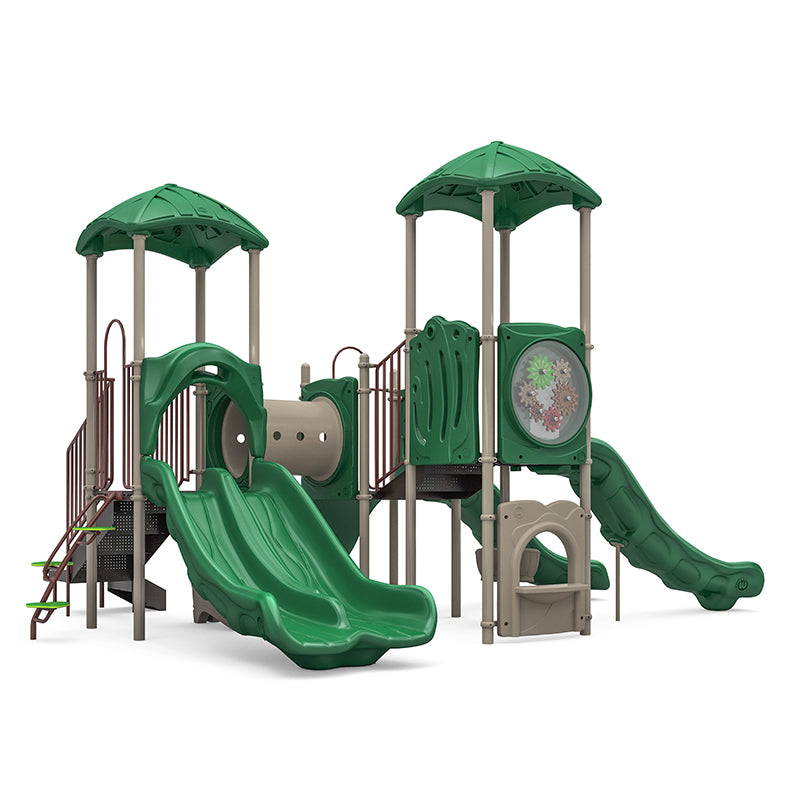 Outdoor playground structure with double and single slides, climbing panels, crawl tunnel, and interactive gears panel.