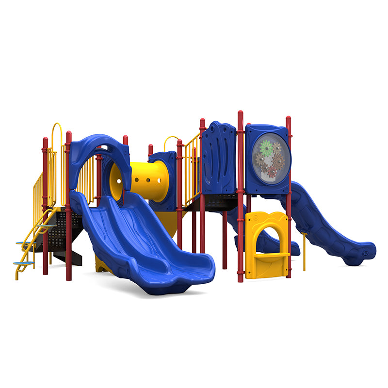 Colorful playground structure with double and single slides, crawl tunnel, climbing panels, interactive gears, and musical bongo elements.