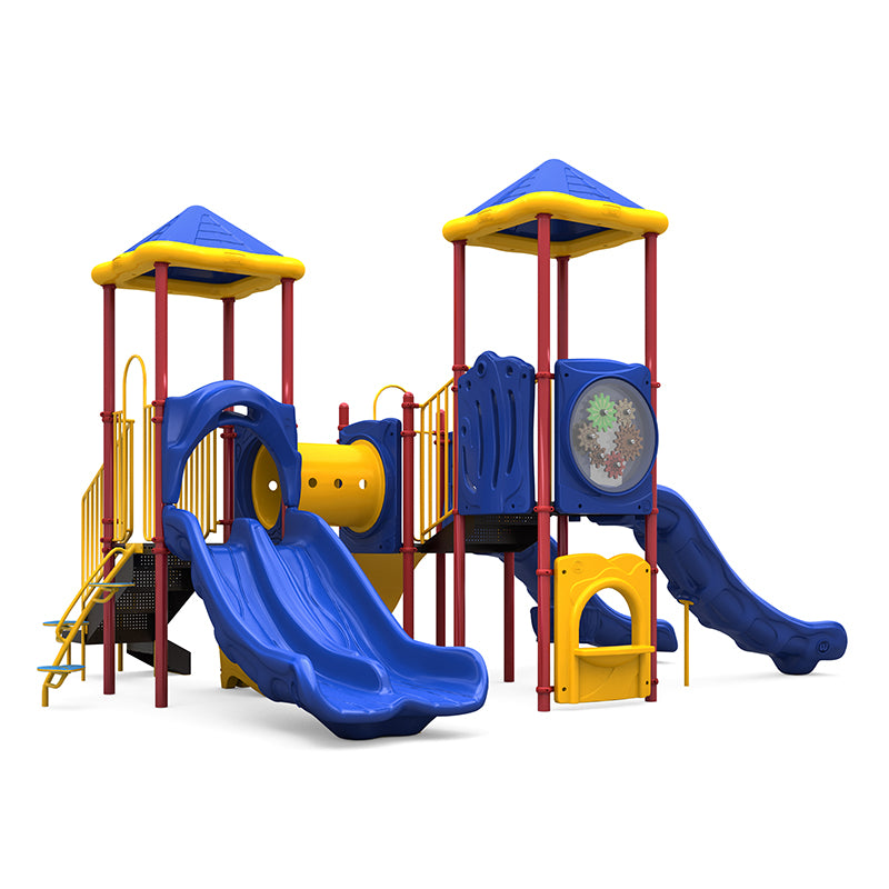 Colorful playground structure with double and single slides, climbing tunnel, gear panel, and play counter.