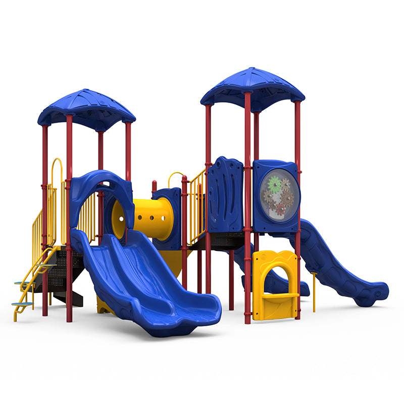 Colorful playground structure with double and single slides, crawl tunnel, climbing panels, and interactive gear and counter panels.