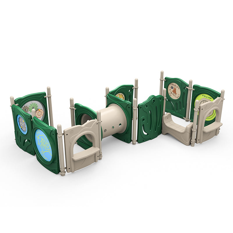 Compact green and beige modular playground with crawl tunnel, interactive panels, and seating for early childhood play