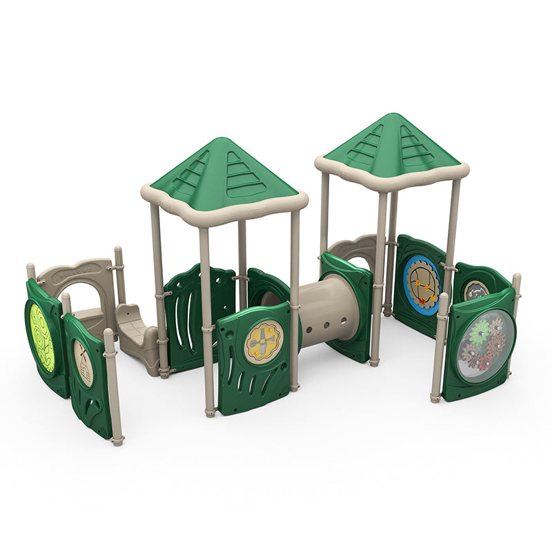 Compact children's playground with two green pyramid roofs, interactive panels with gears, maze, puzzles, and a beige crawl tunnel.