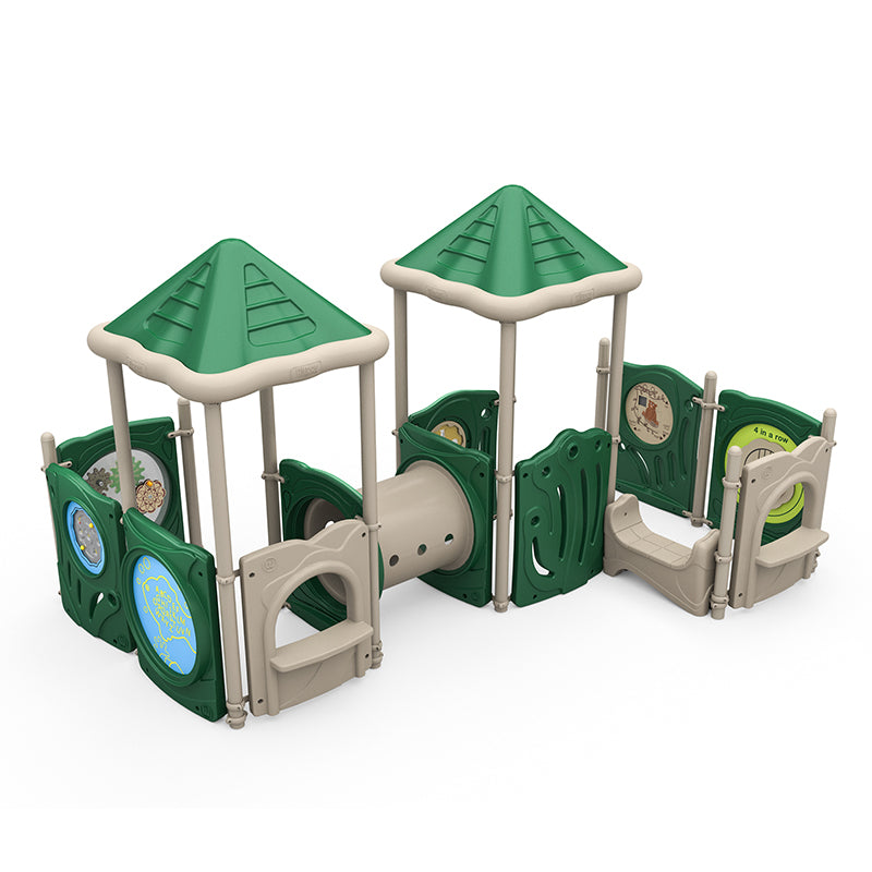 Compact green and beige playground structure with two peaked roofs, crawl tunnel, and multiple interactive play panels including puzzle and maze features.