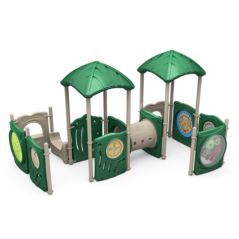 Compact children's playground with green leaf-shaped roofs, beige crawl tunnel, and interactive panels featuring gears, clock, puzzles, and bead cups.