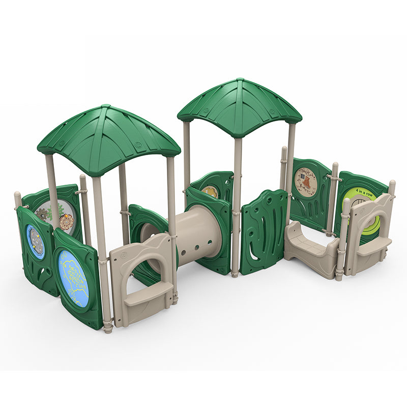 Compact children's playground structure with green roofs, crawl tunnel, interactive puzzle and gear panels, and saddle seat