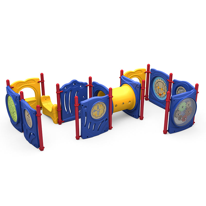 Colorful modular playground with crawl tunnel, interactive puzzle, ABC, maze, gears, beads & cups panels, small slide, and saddle seat.