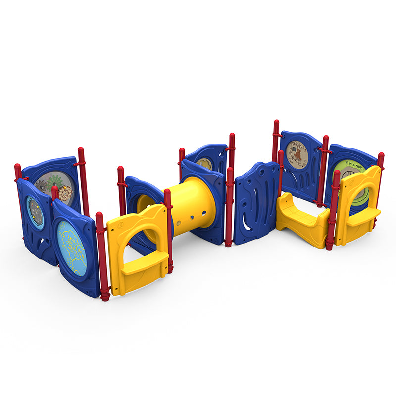 Colorful modular playground with crawl tunnel, interactive puzzle, ABC, maze, gears, beads & cups panels, and saddle seating for kids