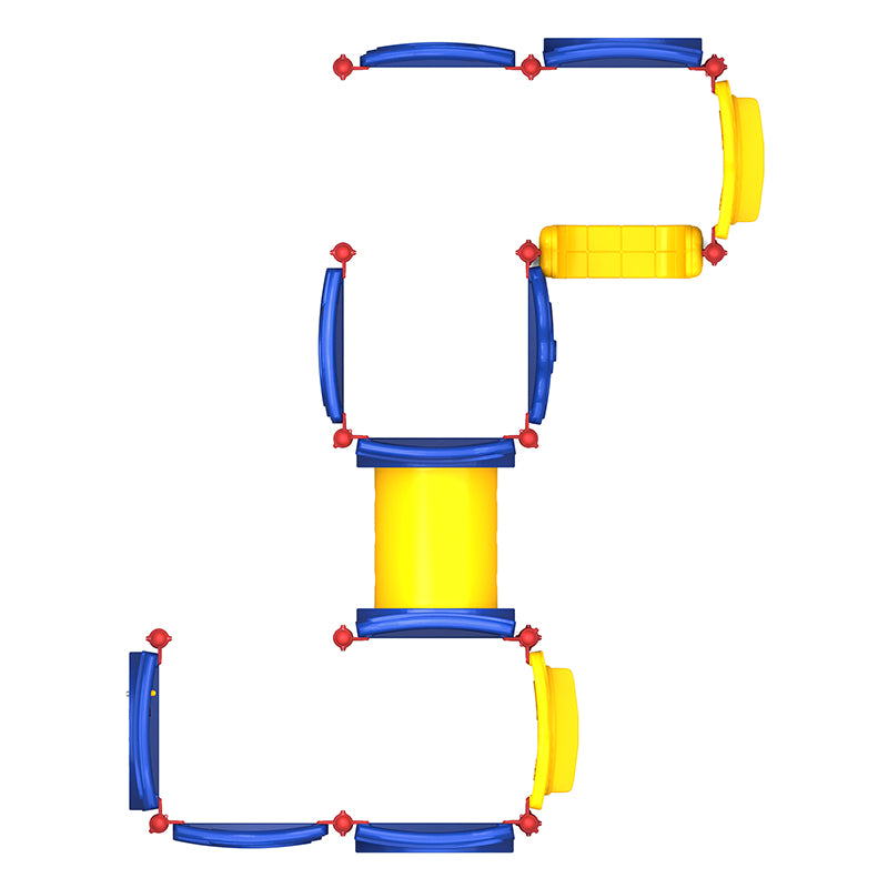 Overhead view of colorful playground with blue panels, yellow crawl tunnel, interactive puzzle, maze, ABC, gears, and bead panels