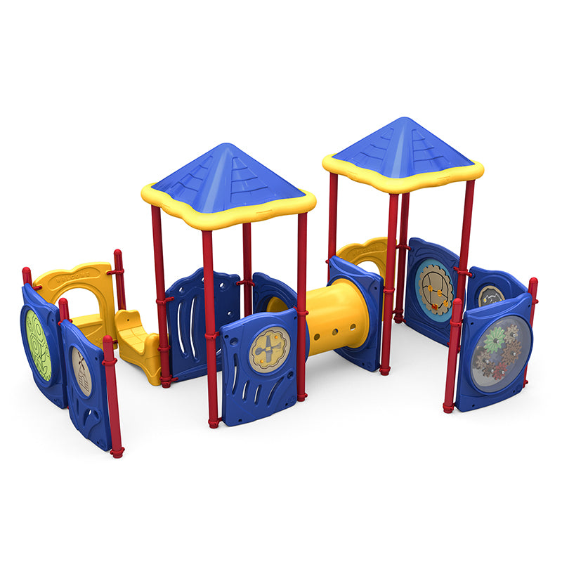 Colorful children's playground structure with two blue and yellow pyramid roofs, crawl tunnel, and interactive activity panels including puzzle and maze features.