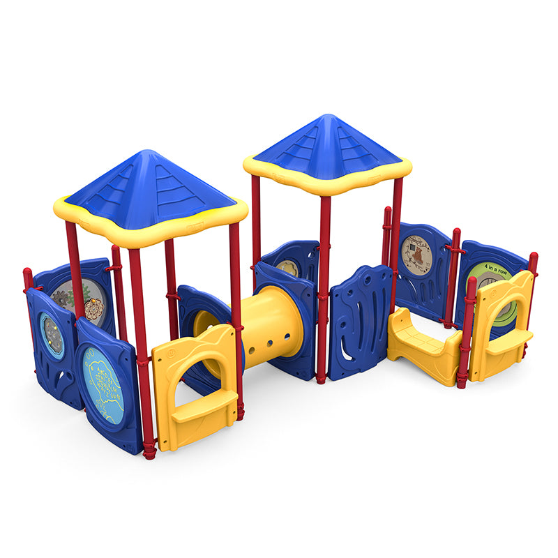 Colorful children's playground with blue and yellow roofs, crawl tunnel, interactive puzzle and gear panels, and seating area.