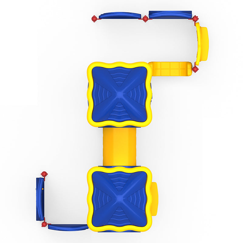 Overhead view of colorful playground with blue roofs, yellow tunnels, and interactive panels including puzzles, maze, gears, and beads.