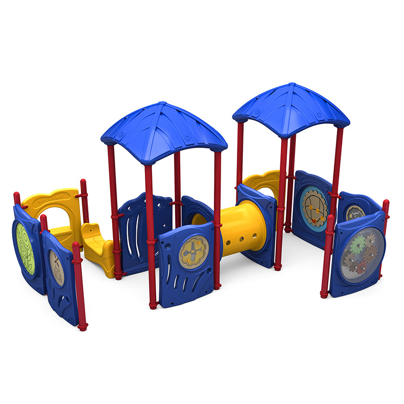 Colorful children's playground with blue roofs, red posts, yellow crawl tunnel, and interactive panels featuring gears, maze, and puzzles.