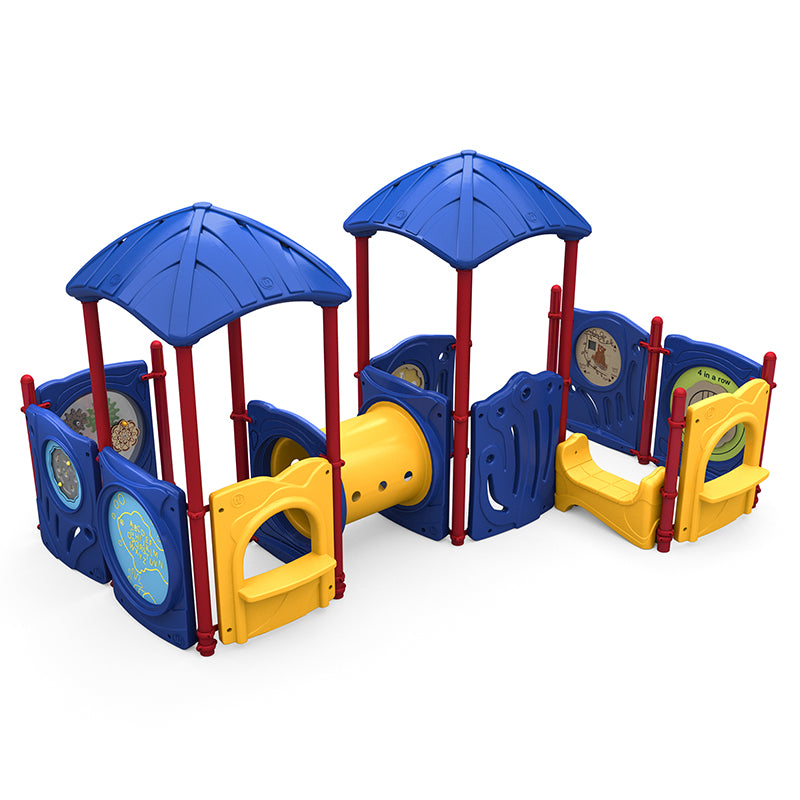 Colorful children's playground with blue roofs, red posts, yellow crawl tunnel, and interactive play panels including puzzles and gears.