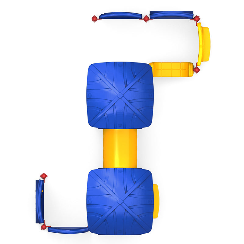 Overhead view of colorful playground with blue roofs, yellow crawl tunnels, and interactive panels including puzzles and gears