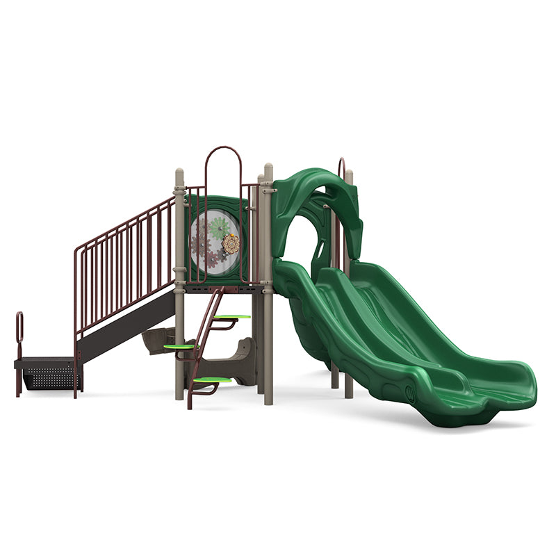 Playground structure with double and single green slides, climbing steps, gear panel, rain wheel, and musical bongo elements.