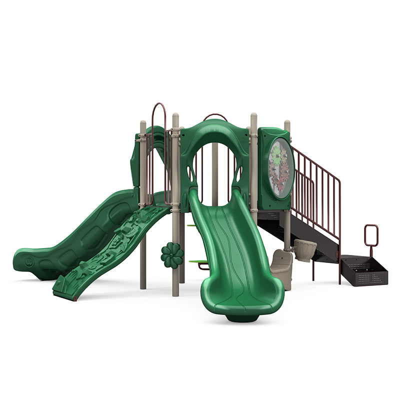 Green and brown playground structure with double and single slides, rock climber, gears panel, rain wheel, and musical bongo.
