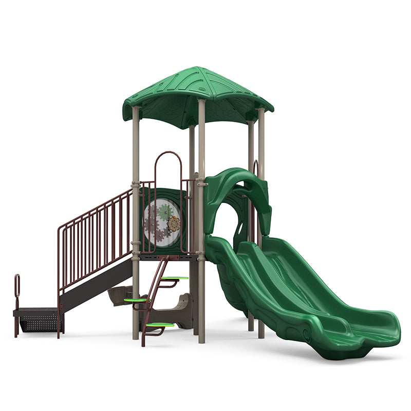 Green playground structure with double slide, climbing steps, gear panel, rain wheel, bongo, and shaded roof for active play.
