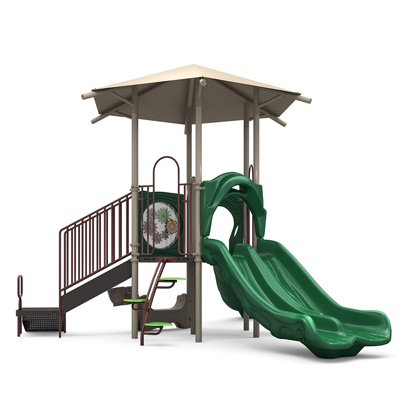Playground structure with double green slides, climbing steps, gear panel, rain wheel, bongo, saddle seat, and shaded roof for active play.