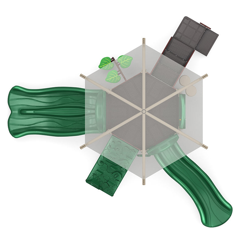 Overhead view of a green playground structure with double and single slides, rock climber, leaf steps, hexagonal platform, and canopy
