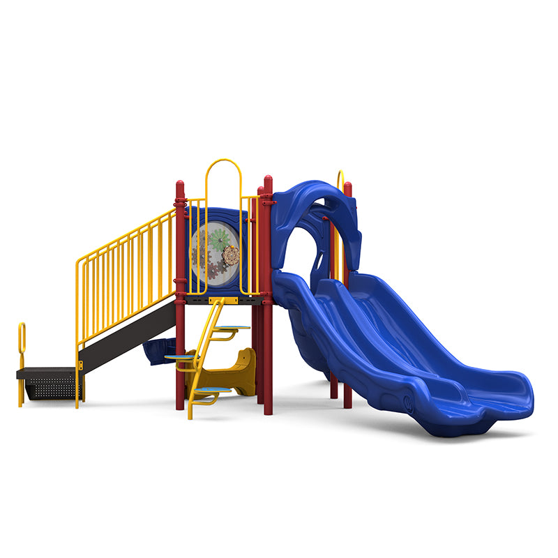 Colorful playground structure with double blue slides, yellow railings, climbing steps, interactive gear panel, rain wheel, and bongo drum.