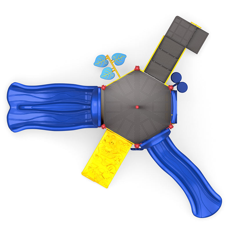 Overhead view of colorful playground with two blue slides, yellow climbing wall with shapes, leaf-shaped steps, and blue play panels.