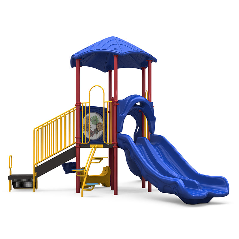 Colorful playground structure with double blue slides, yellow railings, red posts, rock climber, interactive gear panel, rain wheel, and bongo drum.