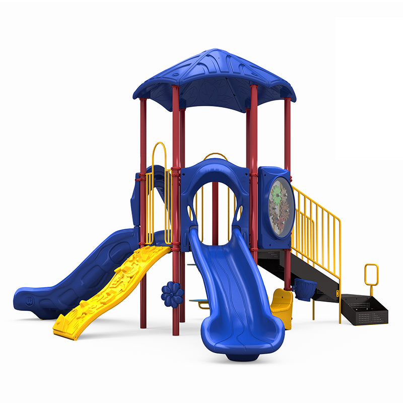 Colorful playground structure with blue double slide, yellow climbing wall, gear panel, rain wheel, bongo, and blue leaf-shaped roof.