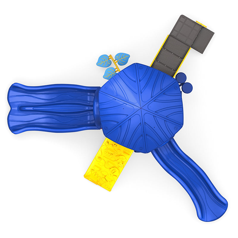 Overhead view of colorful playground with two blue slides, yellow climbing wall, leaf-shaped steps, gears, rain wheel, and musical bongo elements