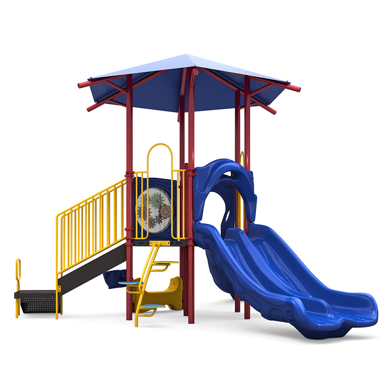 Colorful playground structure with double blue slides, yellow railings, gears panel, rain wheel, and shaded roof