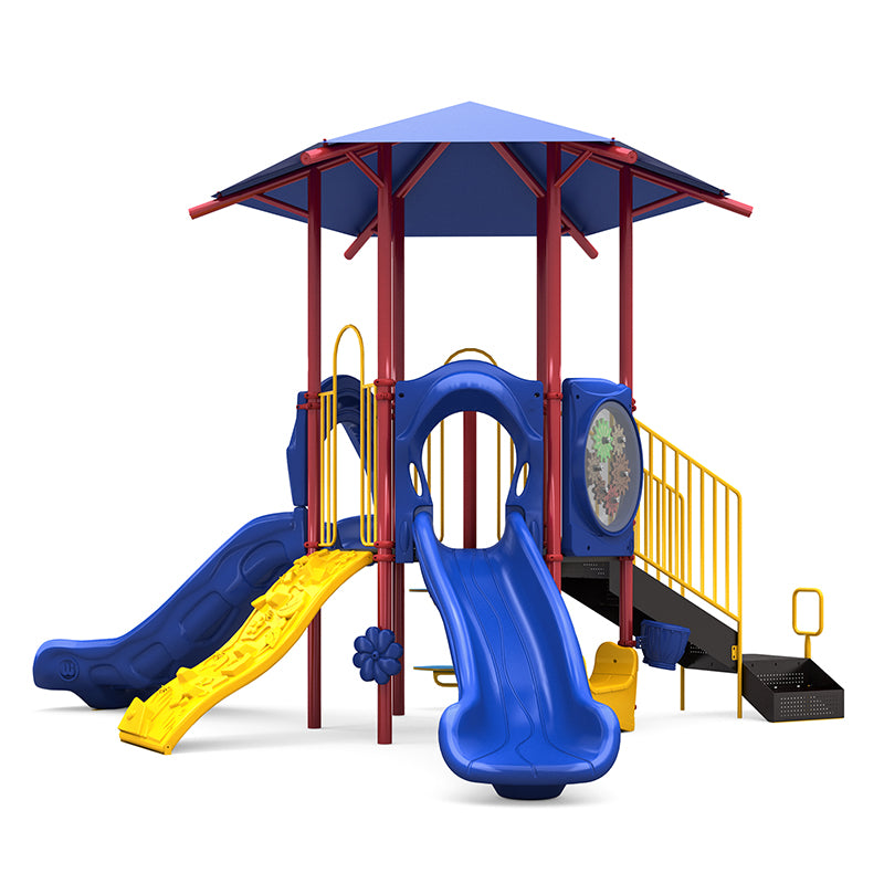 Bugaloo Playground with primary shade roof, double blue slides, yellow rock climber, gears panel, musical bongo, and saddle seat.