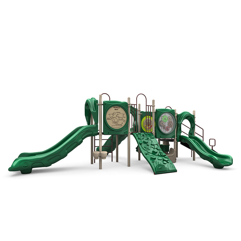 Green and beige playground with slides, rock climber, interactive world map, gears panel, musical bongo, and game panels.