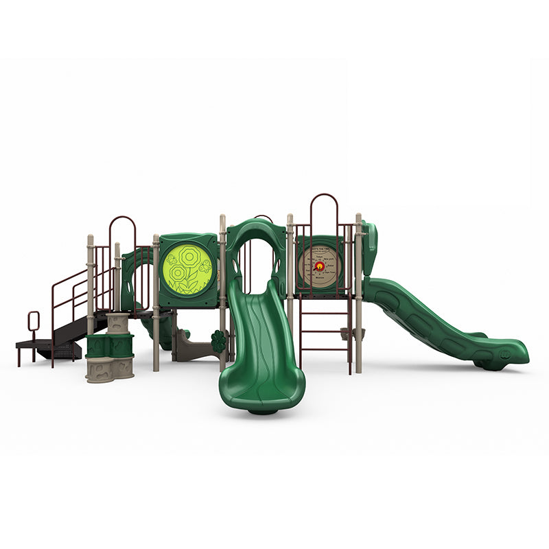 Green and beige playground structure with two single slides, climbing elements, and interactive play panels