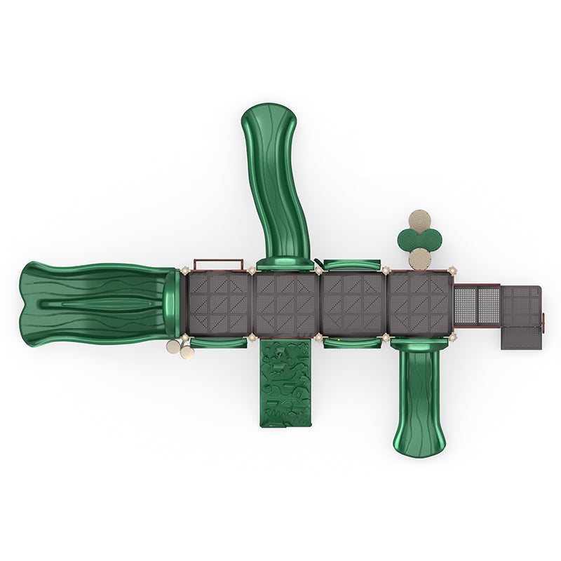 Overhead view of a large playground structure with multiple green slides, climbing panels, interactive gears, world map, and musical bongo elements