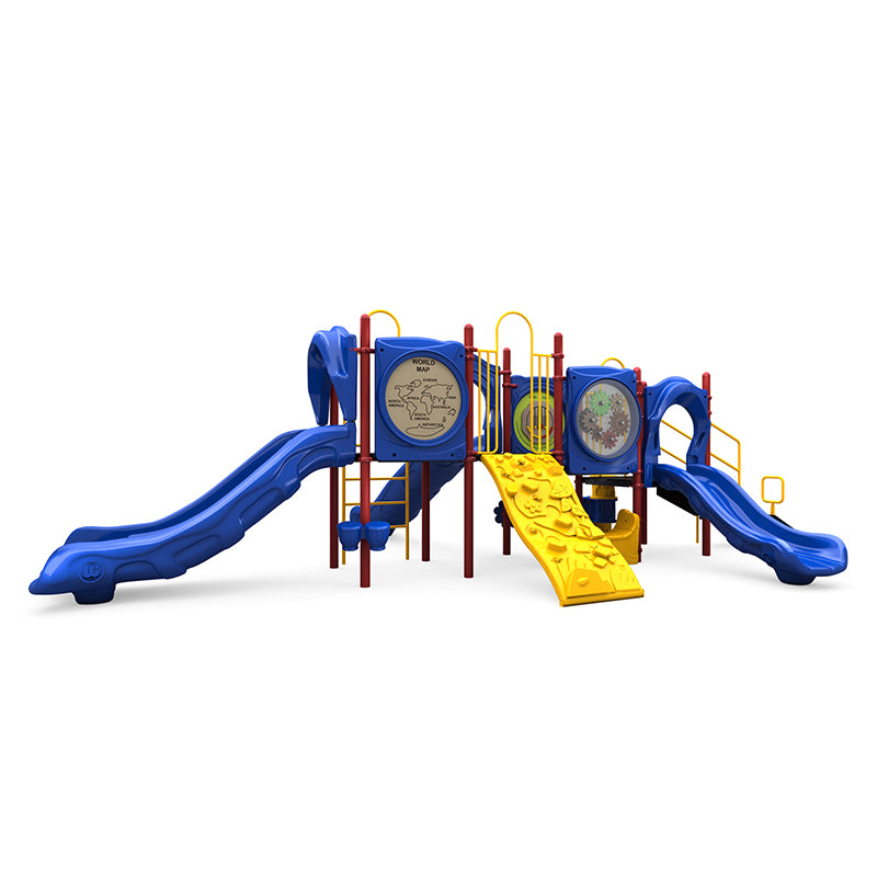 Augusta Playground with blue slides, yellow rock climber, world map and gears panels, interactive play features, and musical bongo elements