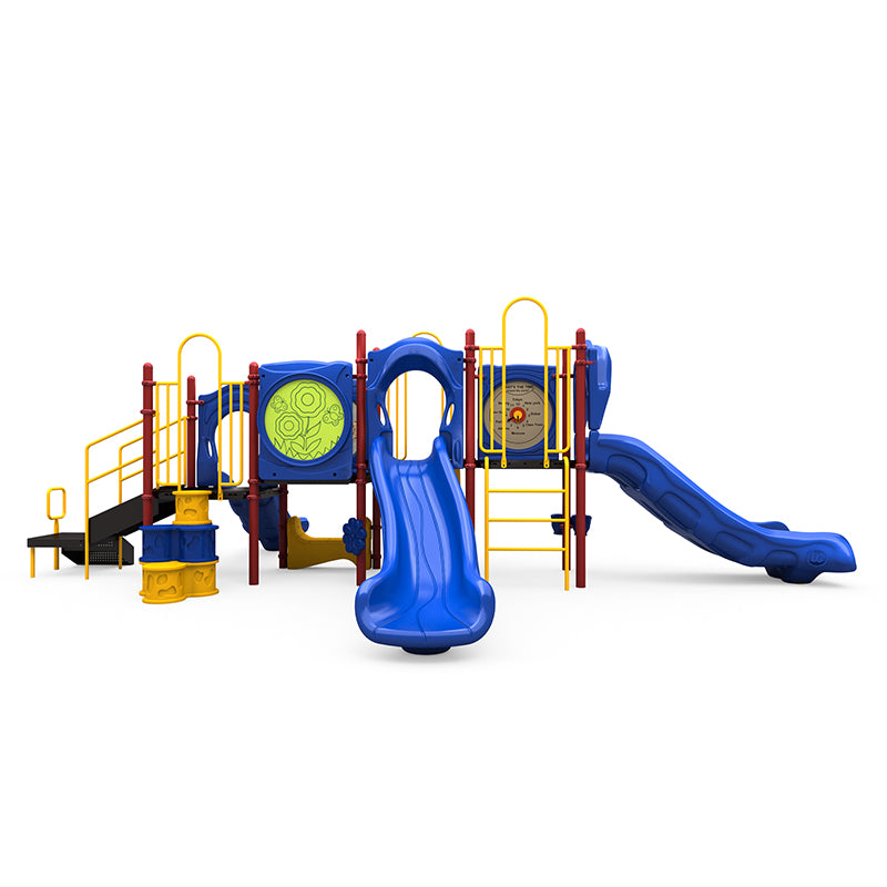 Colorful playground structure with two single slides, double slide, climbing elements, interactive panels, and musical bongo in blue, yellow, and red.